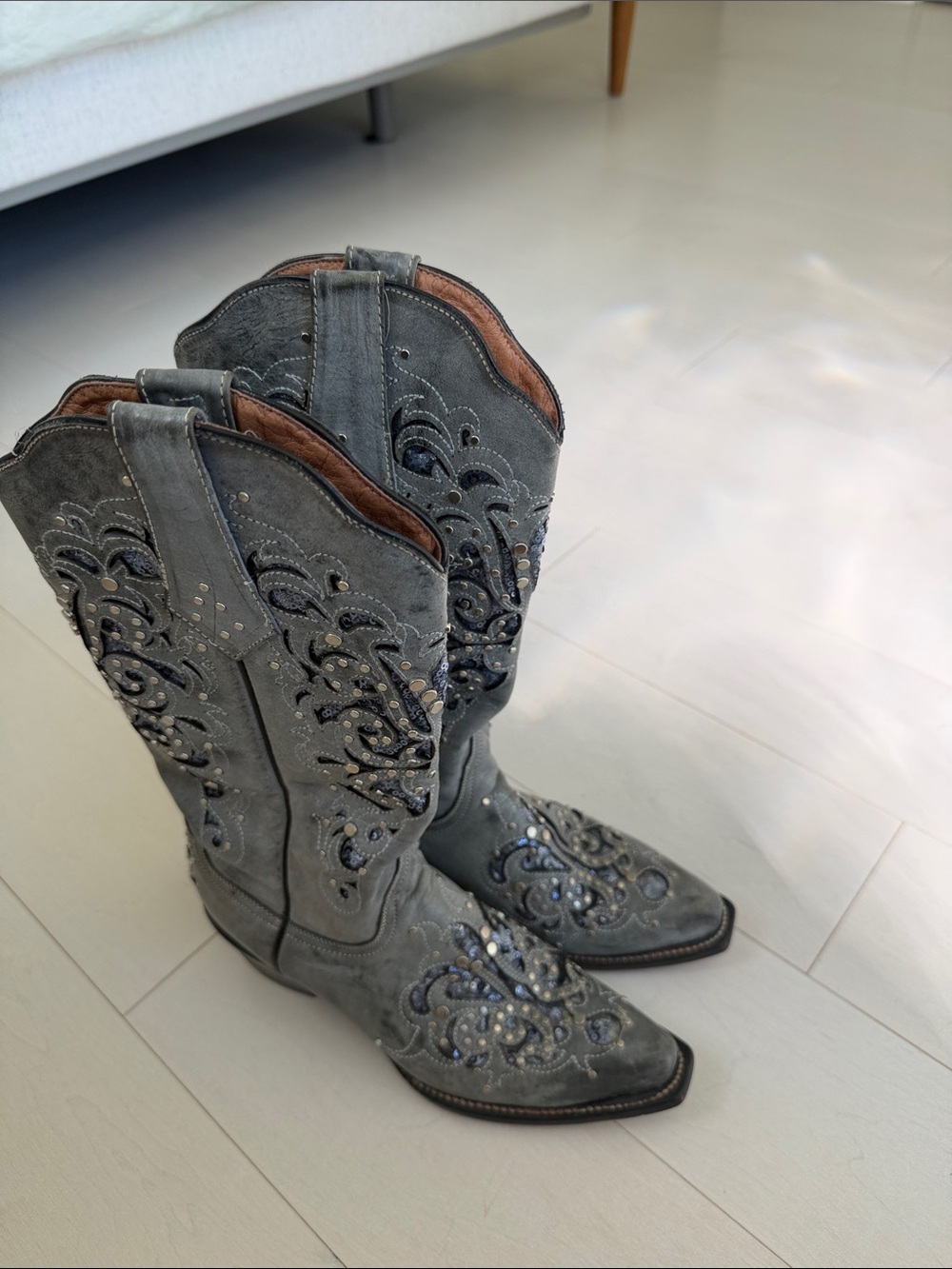 Ferrini Embellished Blue Gray Suede Western Cowboy Boots